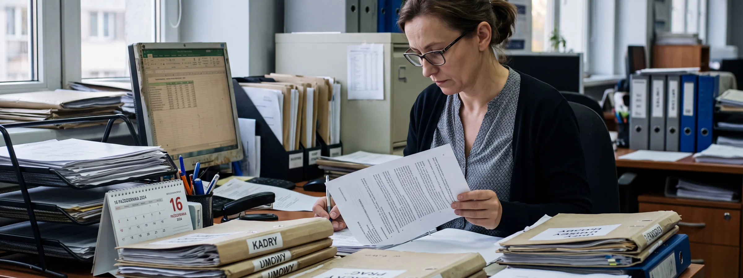 Kadrowa przy biurku przegląda dokument; przed nią teczki opisane KADRY i UMOWY oraz stosy papierów