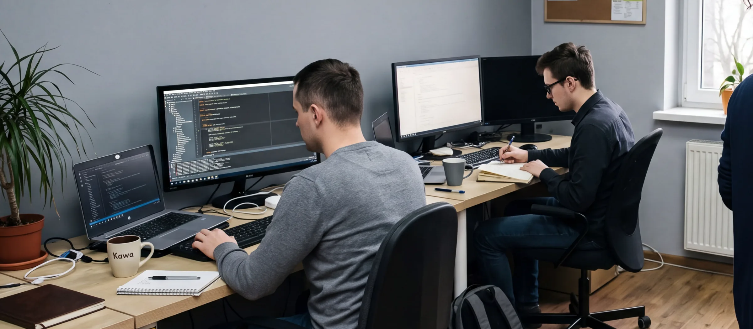 Dwie osoby pracują przy komputerach w niedużym biurze
